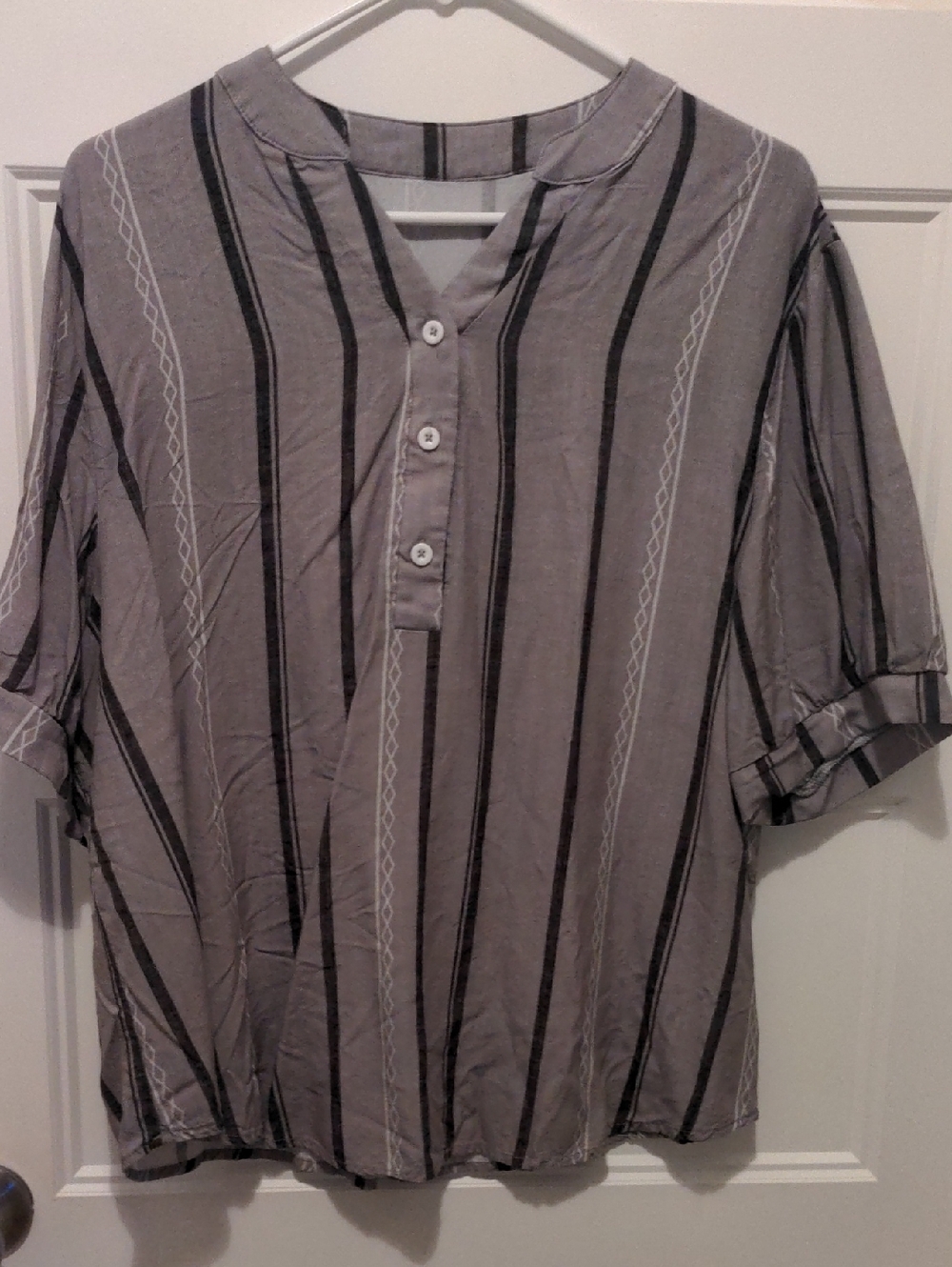 SHEIN Gray Geometric Striped V Neck Henley Blouse Short Sleeve Top